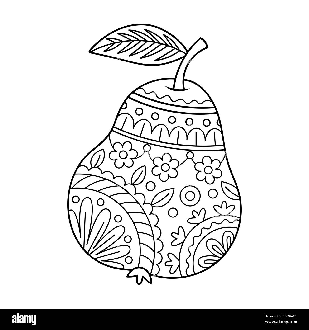 Disegno del contorno della pera ornamentale. Questa è una rappresentazione in bianco e nero di una pera, piena di intricati motivi ornamentali. Illustrazione Vettoriale