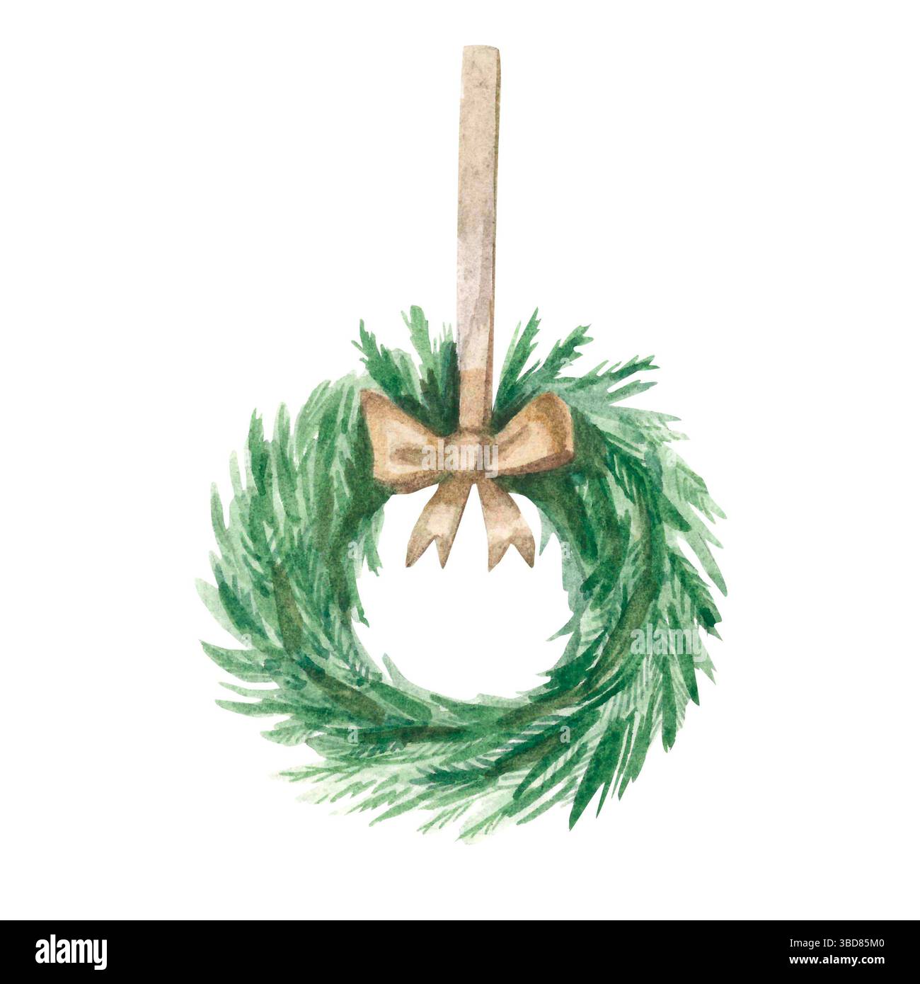 Corona di Natale in abete con fiocco beige. Illustrazione ad acquerello dipinta a mano. Estetica Foto Stock