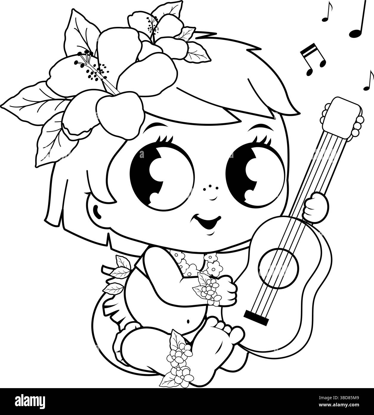 Bambina hawaiana che gioca l'ukulele. Un simpatico bambino dei cartoni animati suona la chitarra per la danza hawaiana hula. Pagina di colorazione vettoriale in bianco e nero. Illustrazione Vettoriale