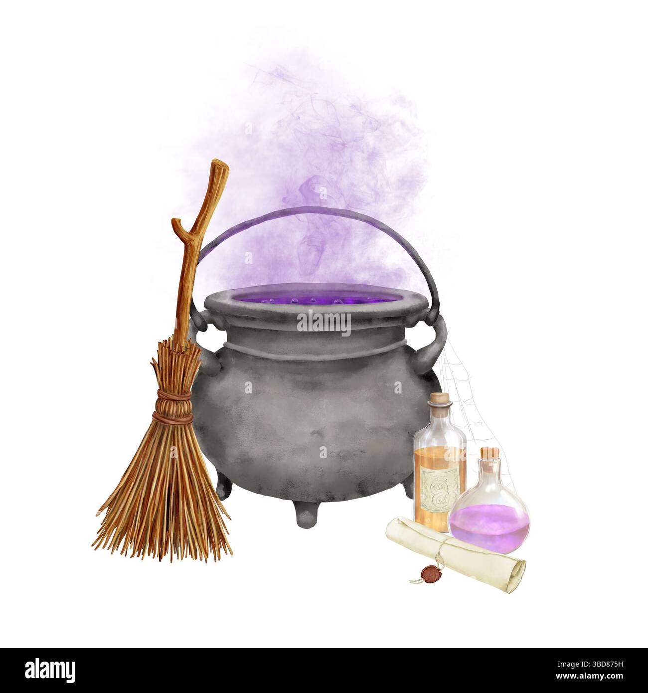 Un calderone rotondo di pozione bollente e scopa della strega. Illustrazione acquerello. Fiale di pozione magica e antico rotolo di incantesimo, isolate su un bac bianco Foto Stock