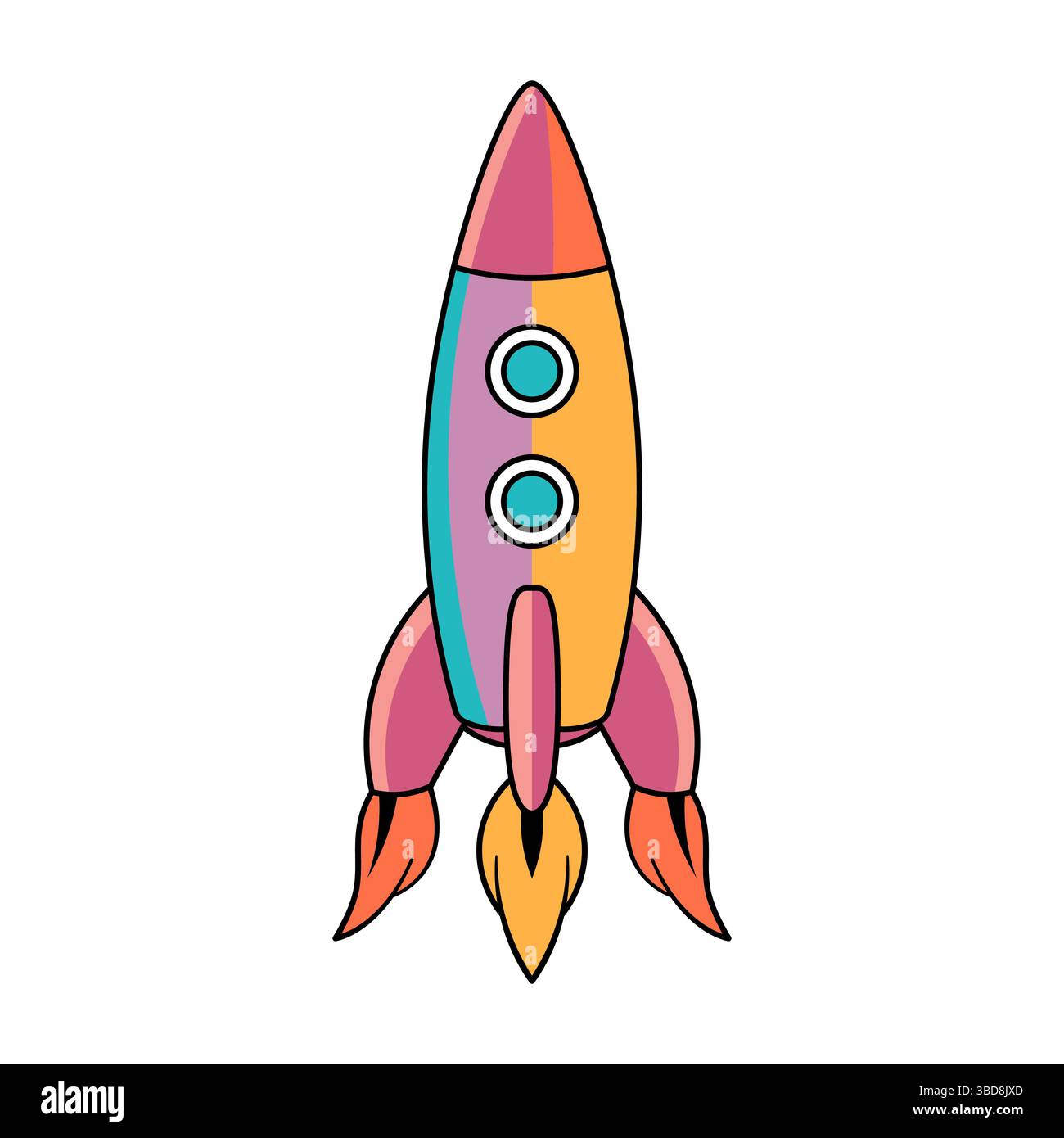 Variopinto Cartoon Rocket. Si tratta di una semplice e vibrante illustrazione vettoriale di un razzo in stile cartoni animati. Illustrazione Vettoriale
