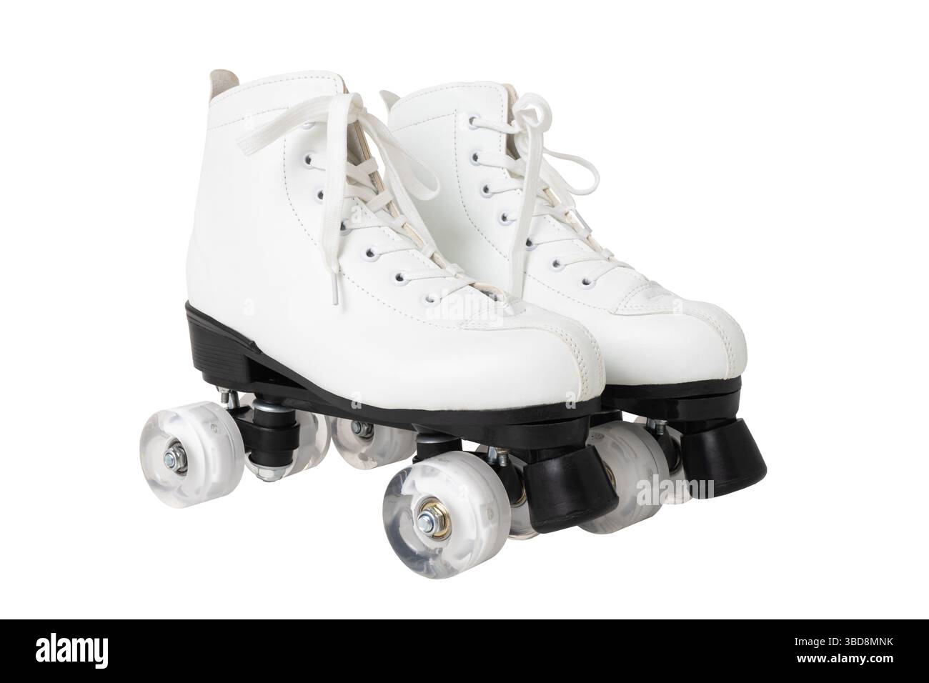 Pattini a quattro rulli bianchi con lacci su sfondo isolato Foto Stock
