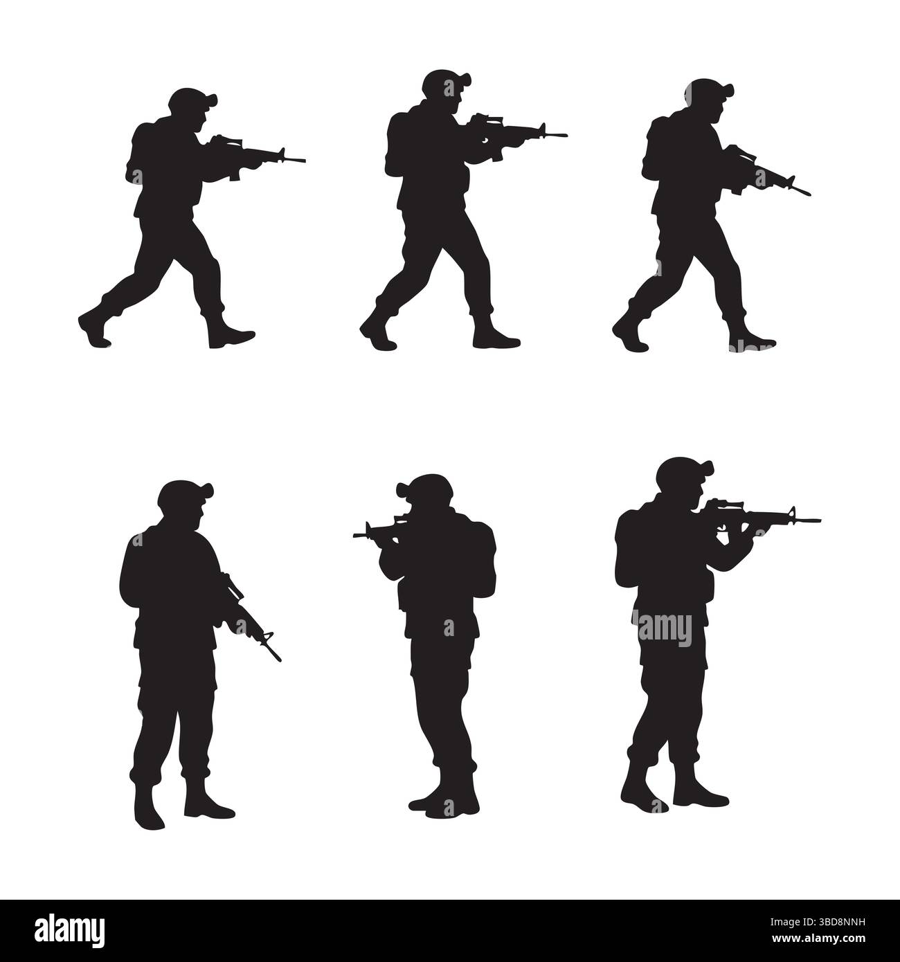 Set di silhouette da soldato su sfondo bianco Illustrazione Vettoriale