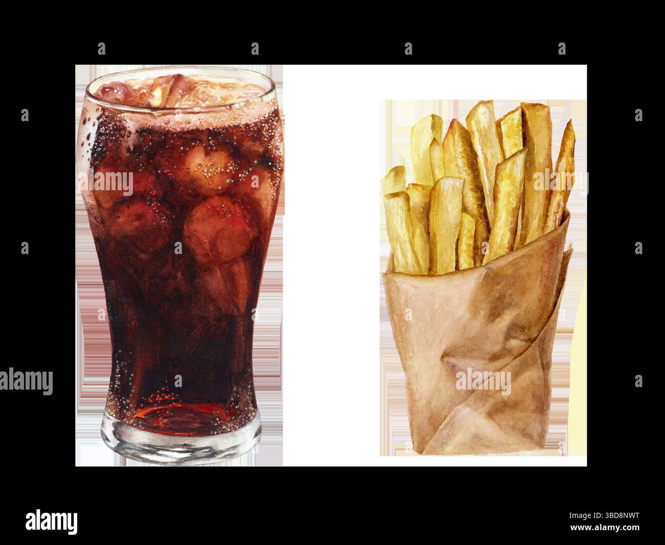 Illustrazione di acquerello realistico con cola e patatine fritte, collezione di fast food Foto Stock Illustrazione di acquerello realistico con cola e patatine fritte, collezione di fast food Foto Stock