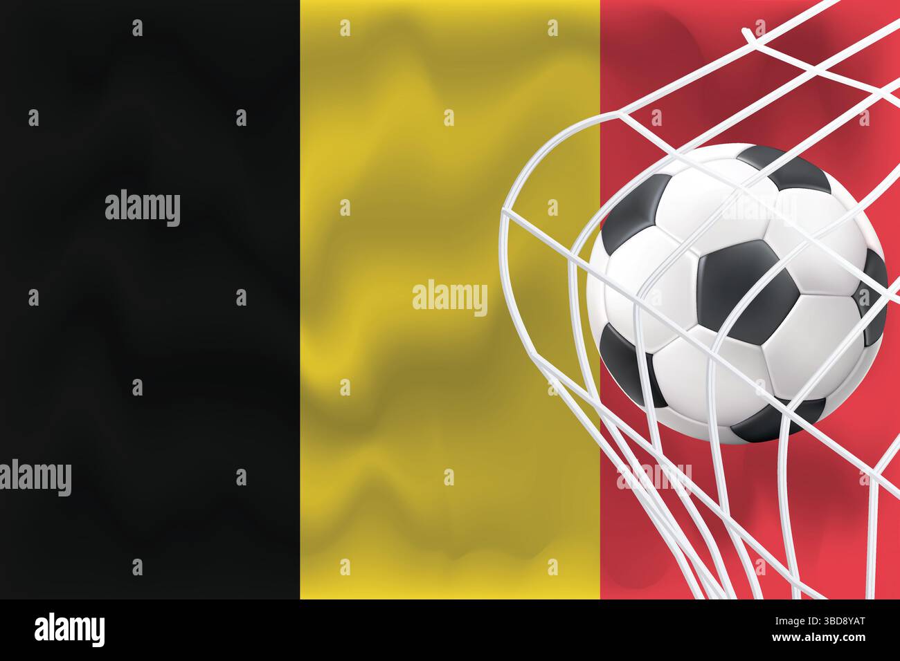 Bandiera Belgio 3D modificabile con calcio e rete. Perfetto per post sportivi, promozioni del giorno della partita, grafica Euro o Coppa del mondo. Ideale per banner e annunci. Illustrazione Vettoriale