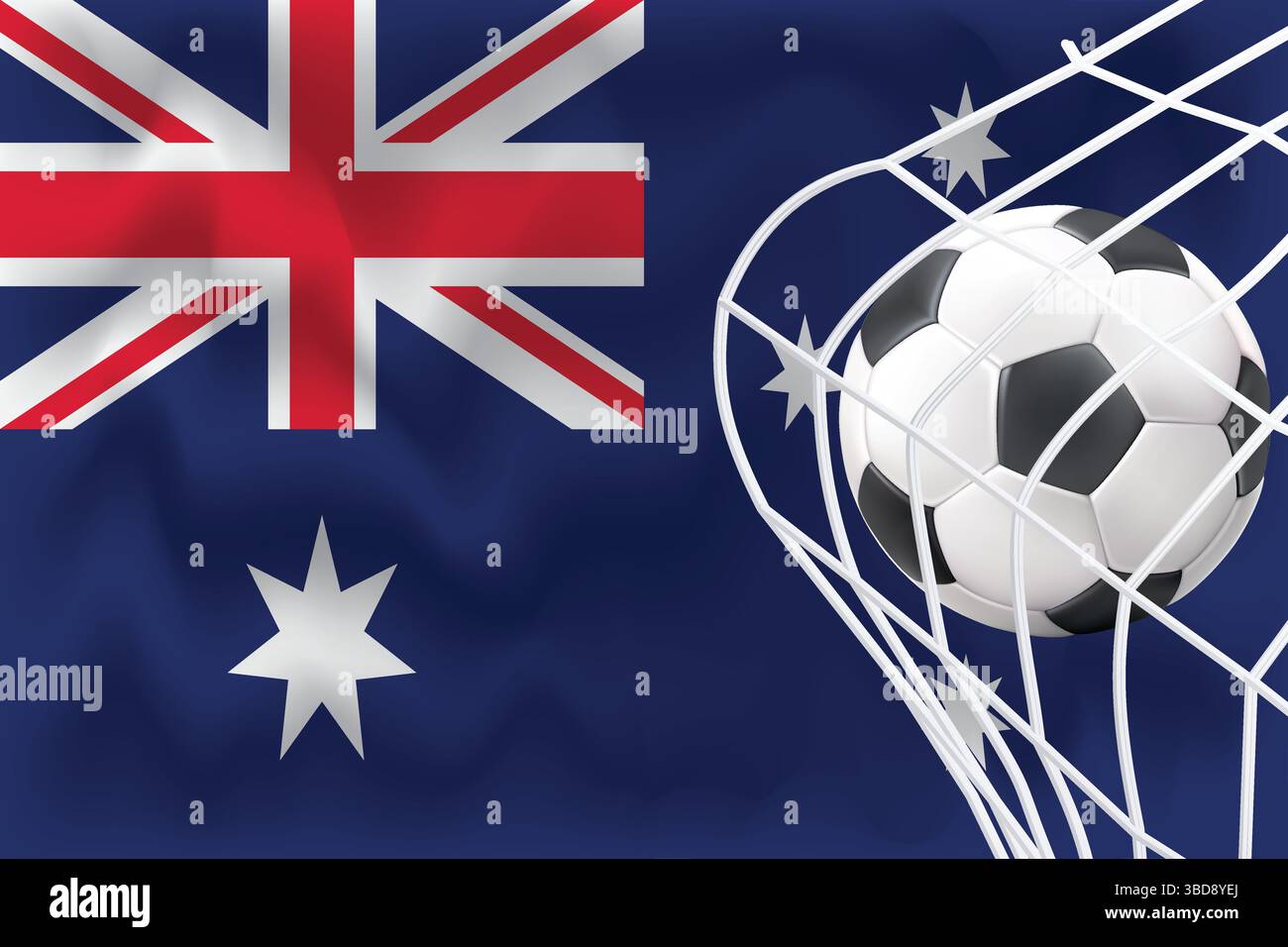 Bandiera Australia 3D modificabile con calcio e rete. Perfetto per post sportivi, promozioni per il giorno delle partite, grafica della Coppa del mondo. Ideale per banner e annunci. Illustrazione Vettoriale