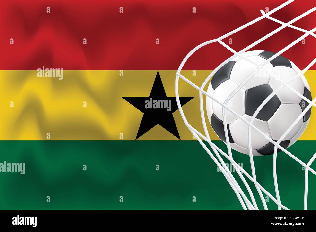 Bandiera del Ghana 3D modificabile con calcio e rete. Perfetto per post sportivi, promozioni per il giorno delle partite, grafica della Coppa del mondo. Ideale per banner e annunci. Illustrazione Vettoriale