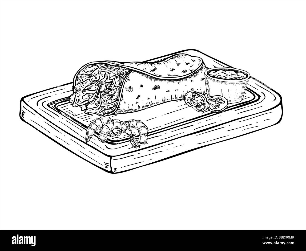 Tortilla con gamberi, peperoncini e salsa su tavola in legno, illustrazione vettoriale monocromatica in bianco e nero. Per il marchio del cibo messicano Illustrazione Vettoriale