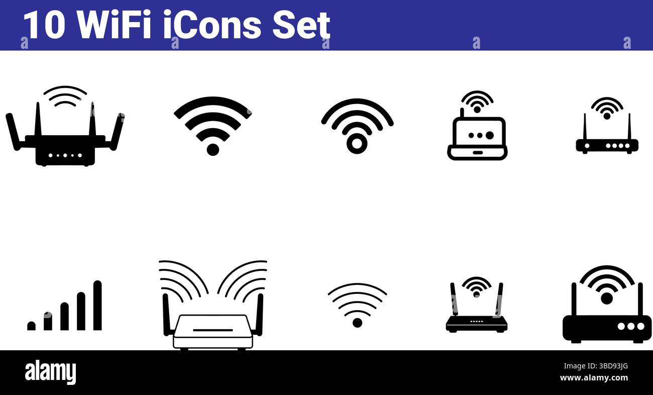Set di 10 icone WiFi: Router, barre del segnale, simbolo wireless Illustrazione Vettoriale