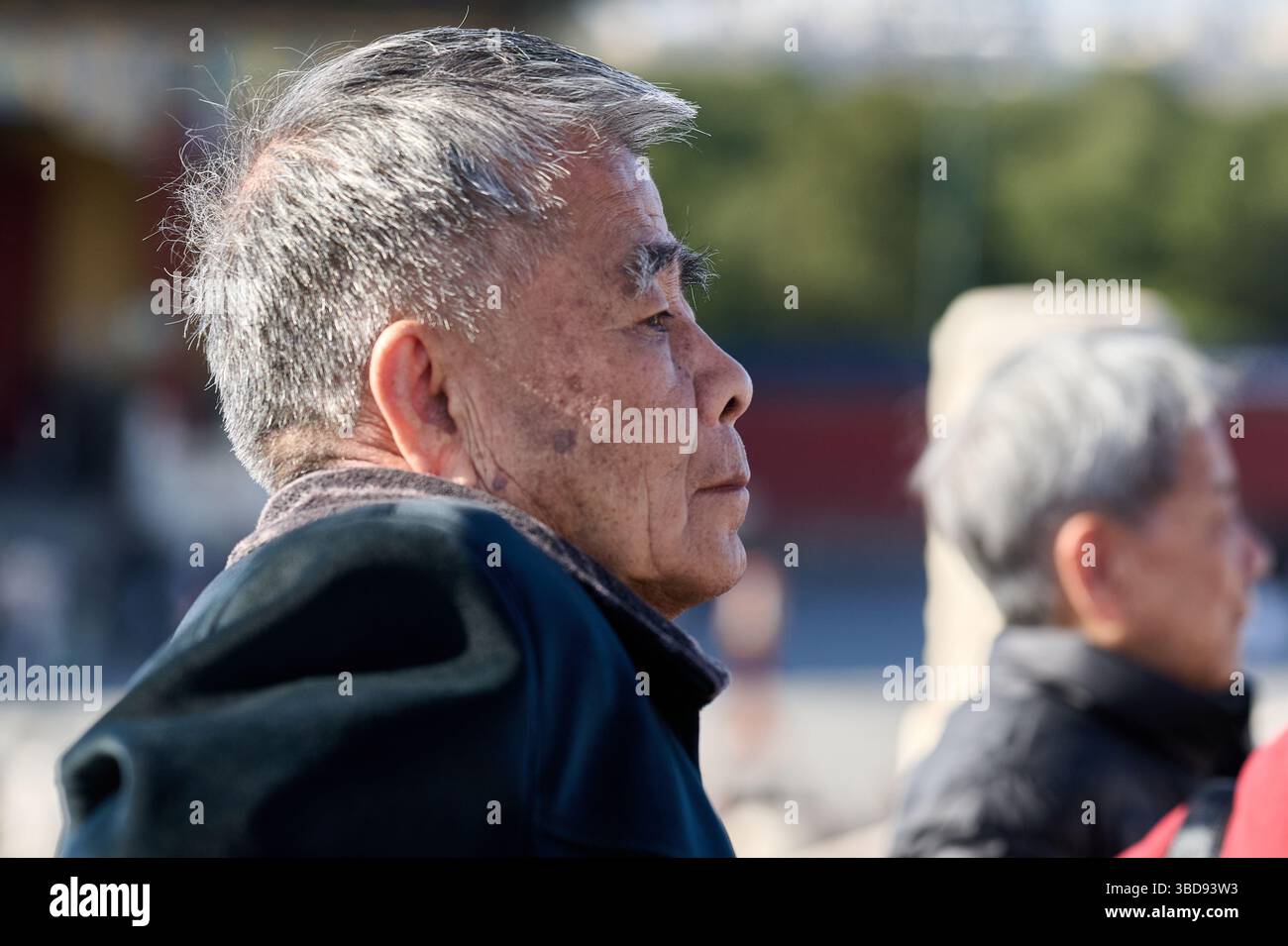 Uomo anziano con capelli grigi corti che guarda in lontananza in un tempio all'aperto Foto Stock