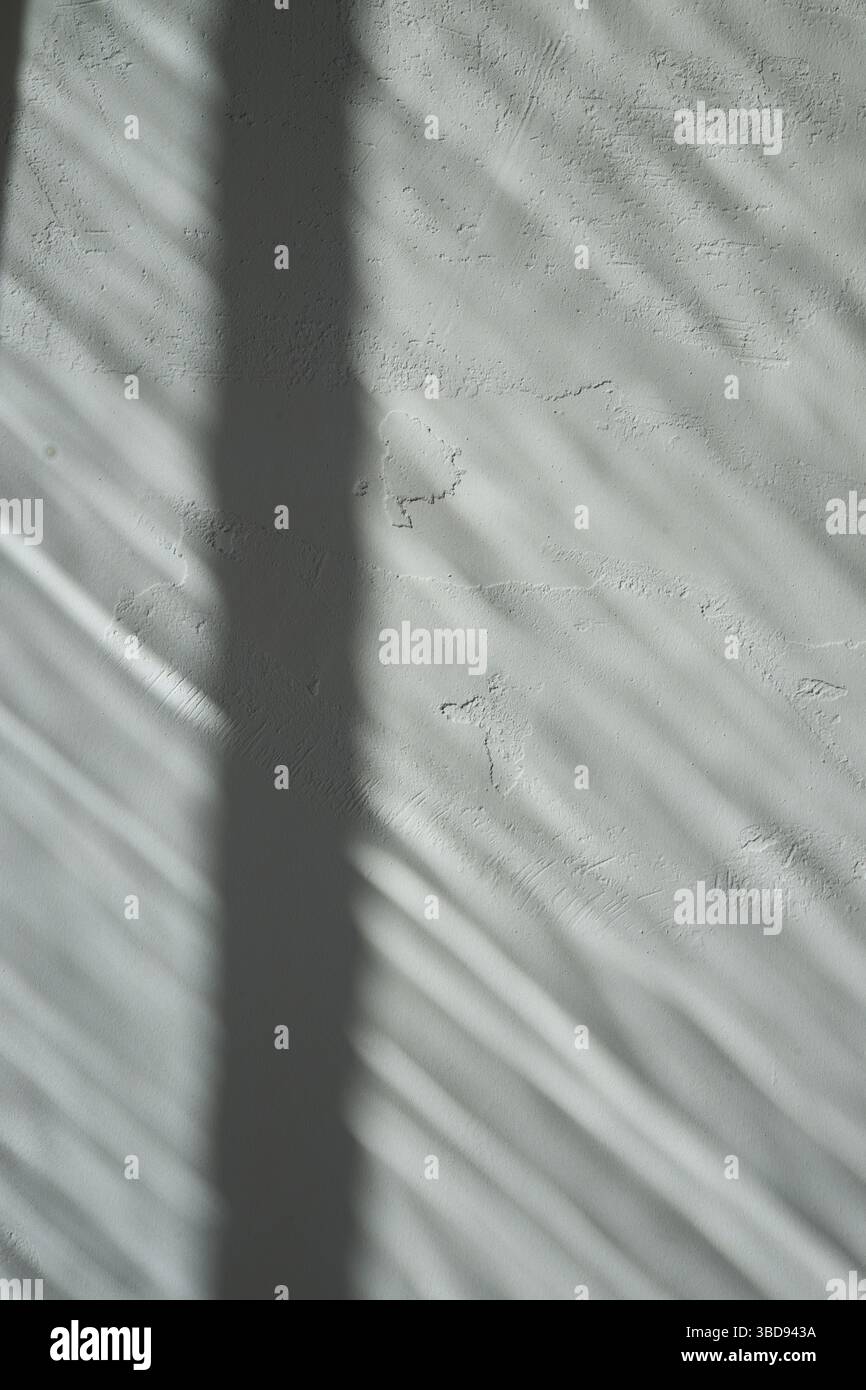 Luce solare che crea motivi d'ombra lineari su cemento bianco. Texture della superficie rigida evidenziata da una combinazione di luci e ombre contrastanti Foto Stock