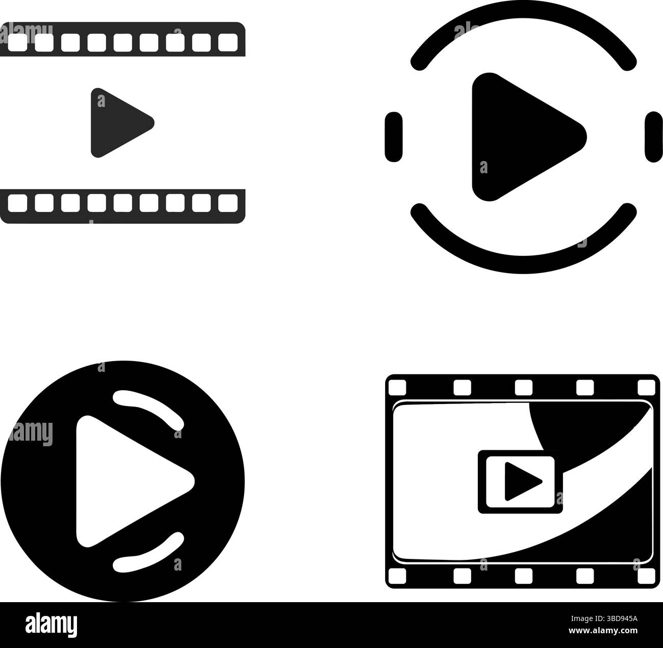 Icone dei pulsanti di riproduzione video - simboli dell'area Provino e del lettore multimediale Illustrazione Vettoriale