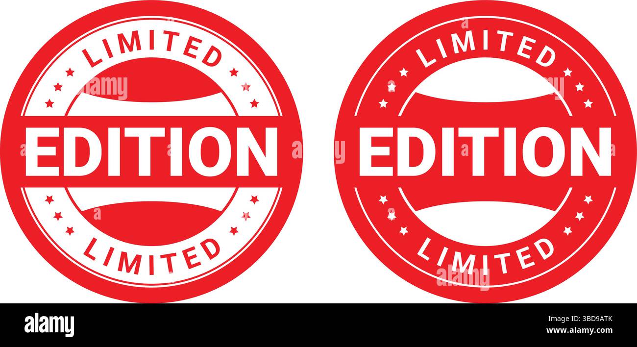 Due badge circolari rossi in edizione limitata con testo in grassetto bianco utilizzati per etichette di prodotti esclusive Illustrazione Vettoriale