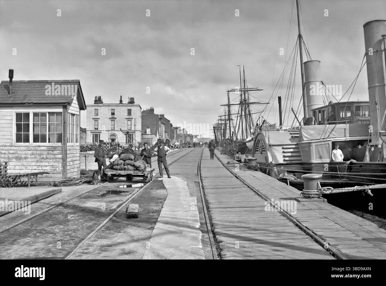 Una fotografia della fine del XIX secolo delle banchine lungo il fiume Slaney mentre scorre attraverso Wexford, la città della contea di Wexford, Irlanda. Foto Stock