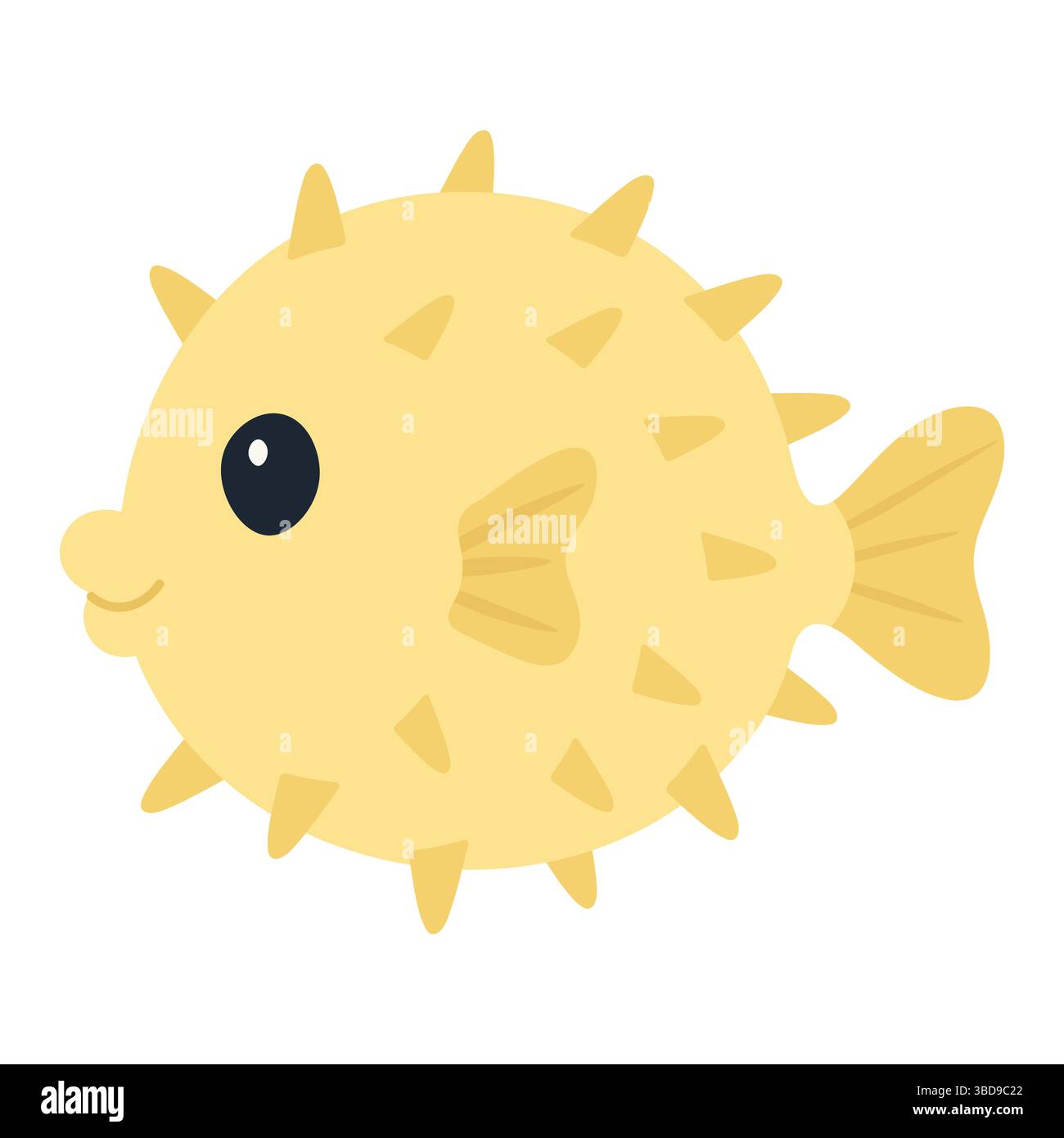 Un'opera grafica vettoriale ad alta risoluzione che raffigura un pesce palla rotondo giallo brillante con punte irregolari che ricoprono il suo corpo. È grande, lucida Illustrazione Vettoriale