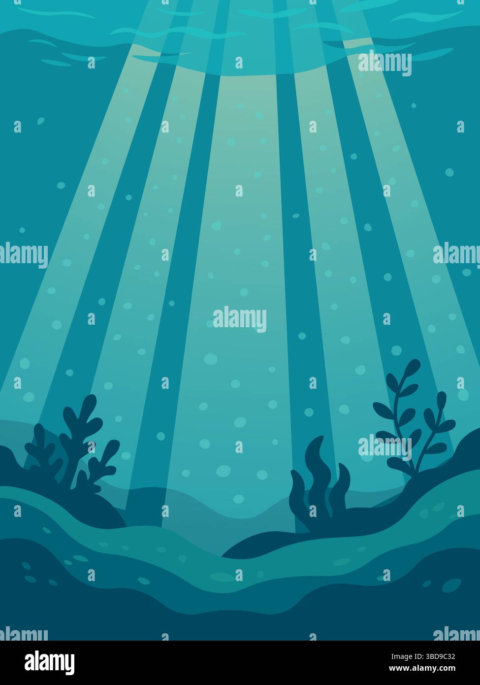 Sfondo subacqueo con raggi solari e piante marine. Vista sul fondo dell'oceano. Fasci di luce sottomarini. Illustrazione Vettoriale