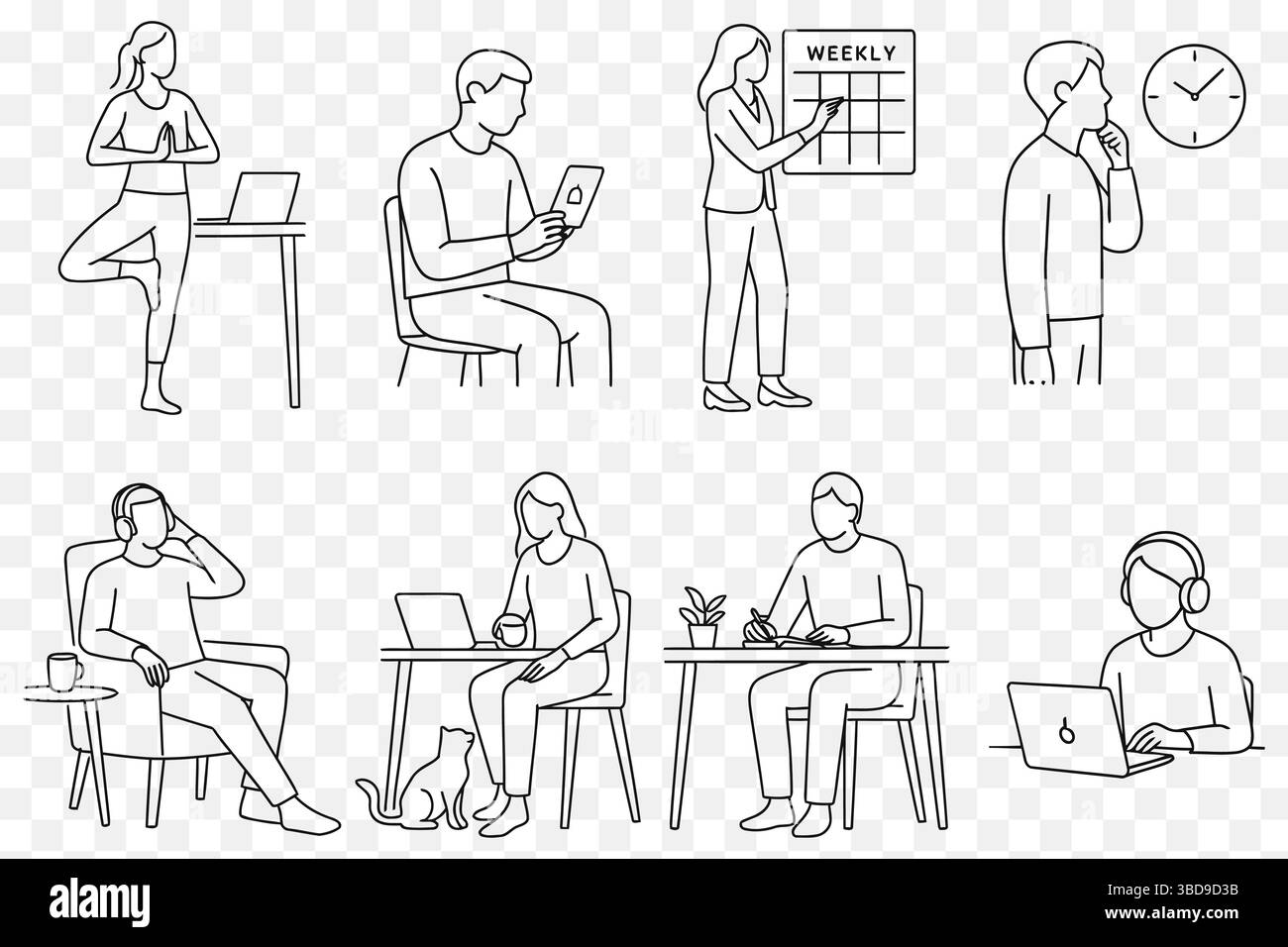 Set di Line Art minimalista di persone che praticano produttività consapevole e lavoro remoto – personaggi vettoriali senza volto Illustrazione Vettoriale