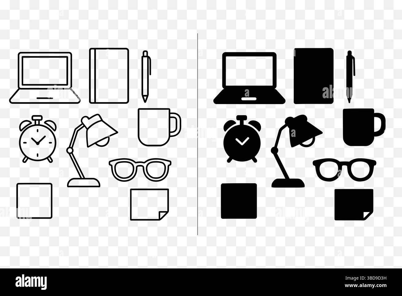 Set di icone di Desk Essentials: Accessori per ufficio minimalisti Vector in linea e stile solido Illustrazione Vettoriale