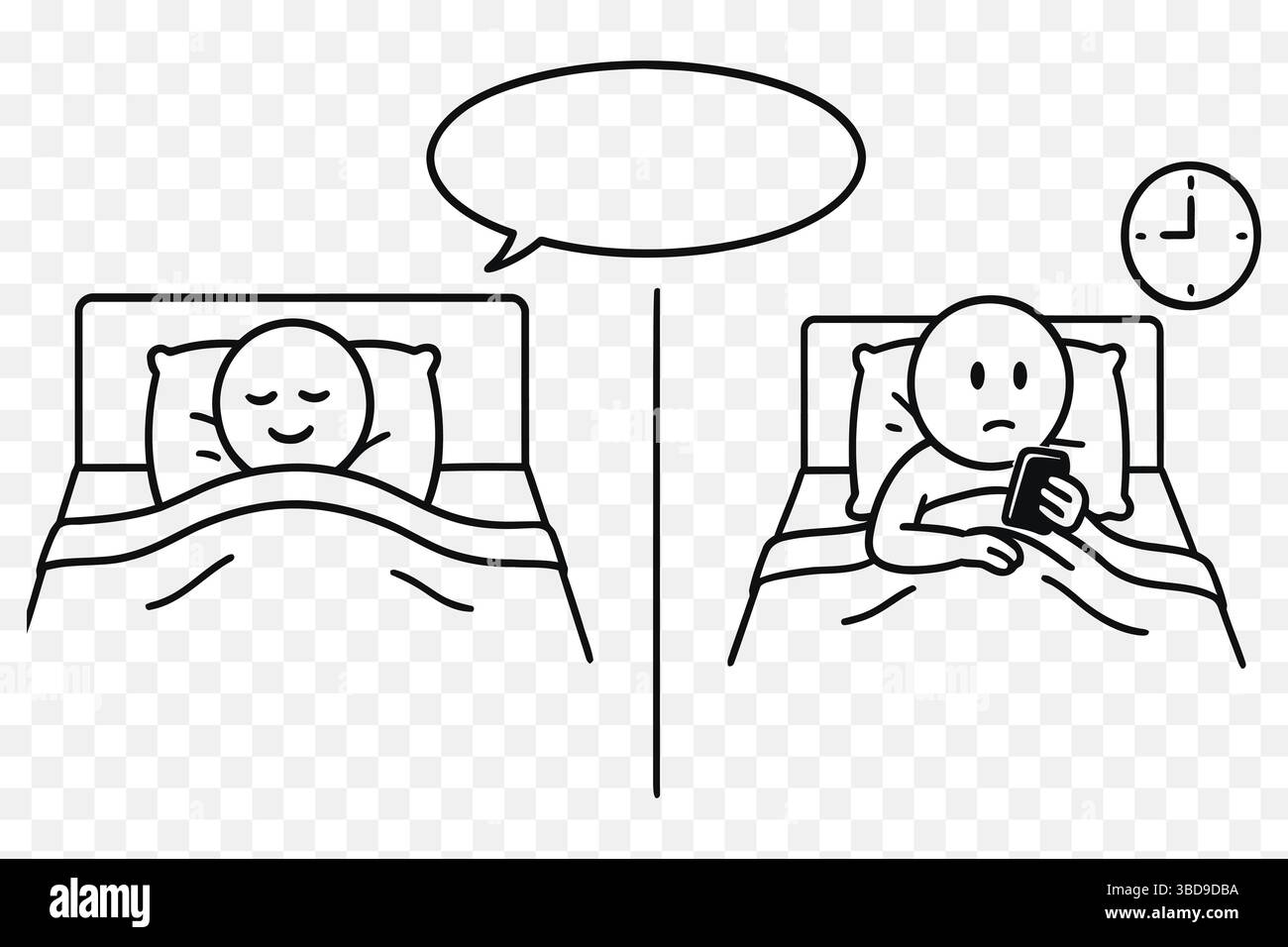 Fumetto modificabile di sonno pacifico vs distrazione telefono di notte – illustrazione a due pannelli Illustrazione Vettoriale