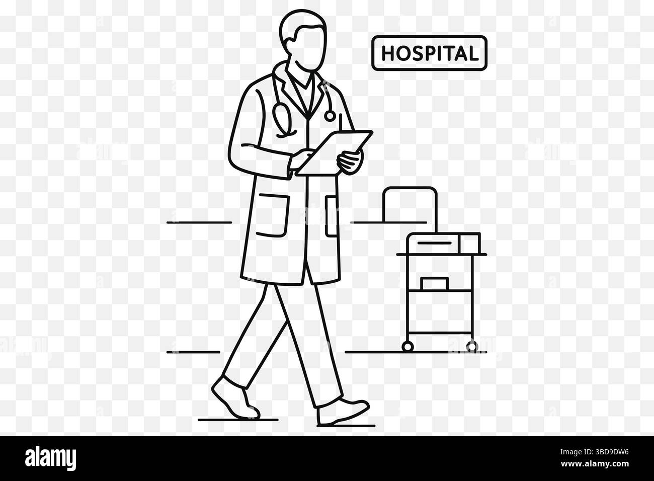 Minimalista Line Art Doctor camminando in ospedale – Medical Stock Illustration Illustrazione Vettoriale