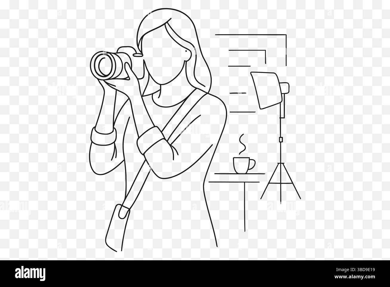 Fotografa donna minimalista Line Art – donna senza volto con fotocamera Illustrazione Vettoriale
