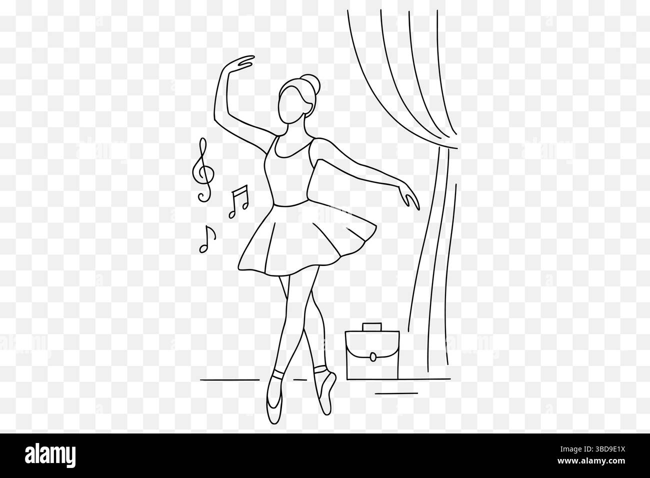 Ballerina Line Art Illustration – Performer di danza minimalista sul palco con note musicali Illustrazione Vettoriale