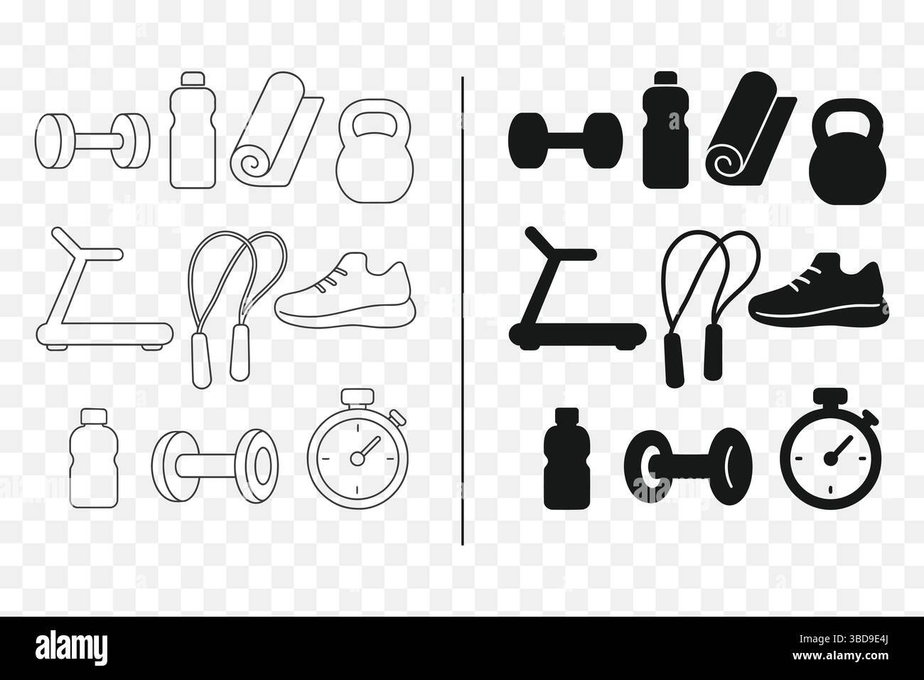 Set di icone per il fitness: Illustrazioni linea minimalista e outfit per l'allenamento in stile solido Illustrazione Vettoriale