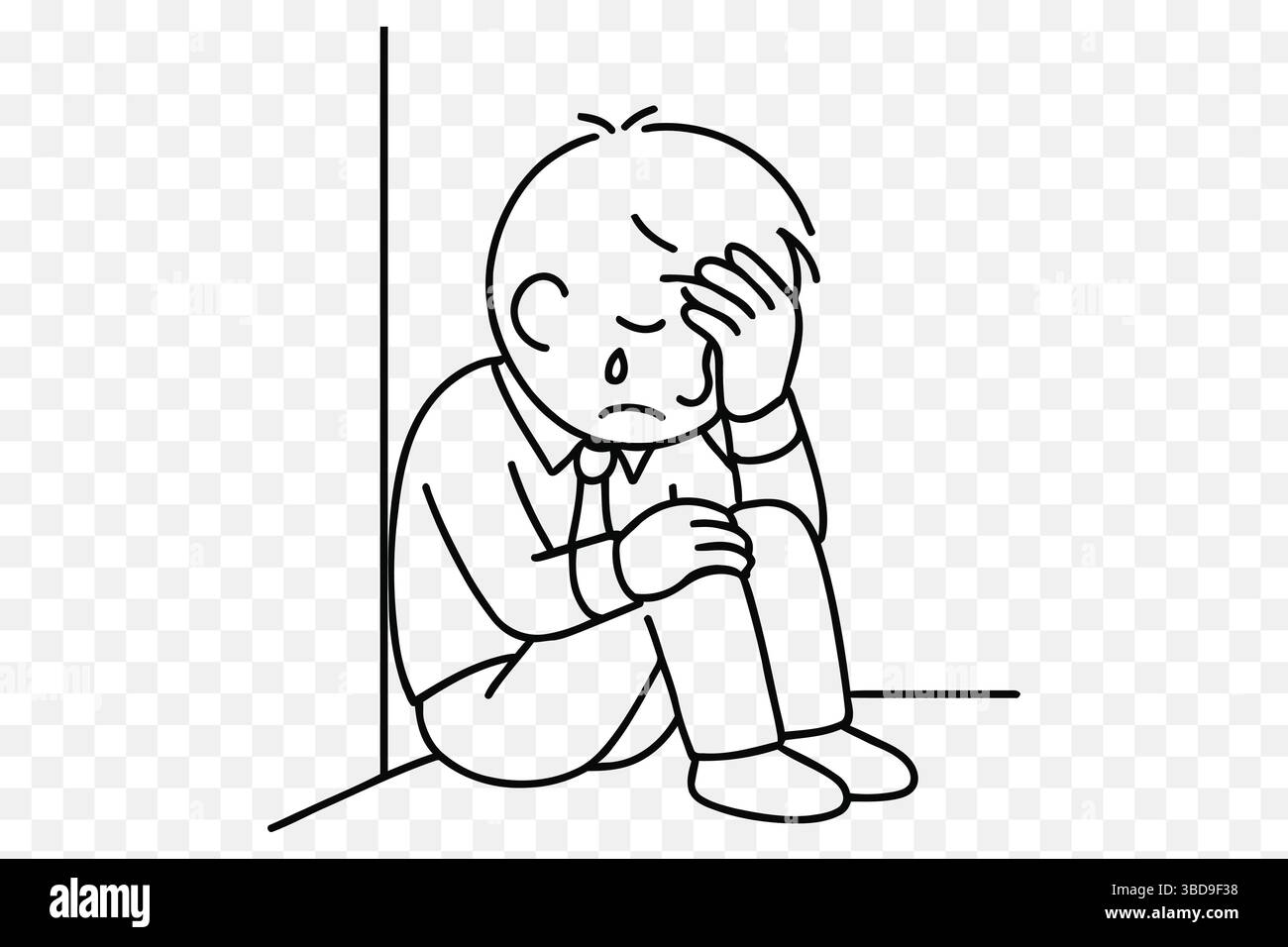 Triste pianto personaggio seduto in angolo – minimalista linea salute mentale illustrazione d'arte Illustrazione Vettoriale