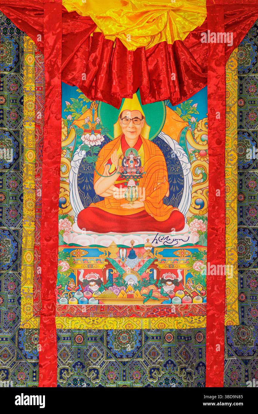 Ricamo in un edificio scolastico del villaggio tibetano per bambini a Dharamshala, di H.H. il XIV Dalai Lama Foto Stock