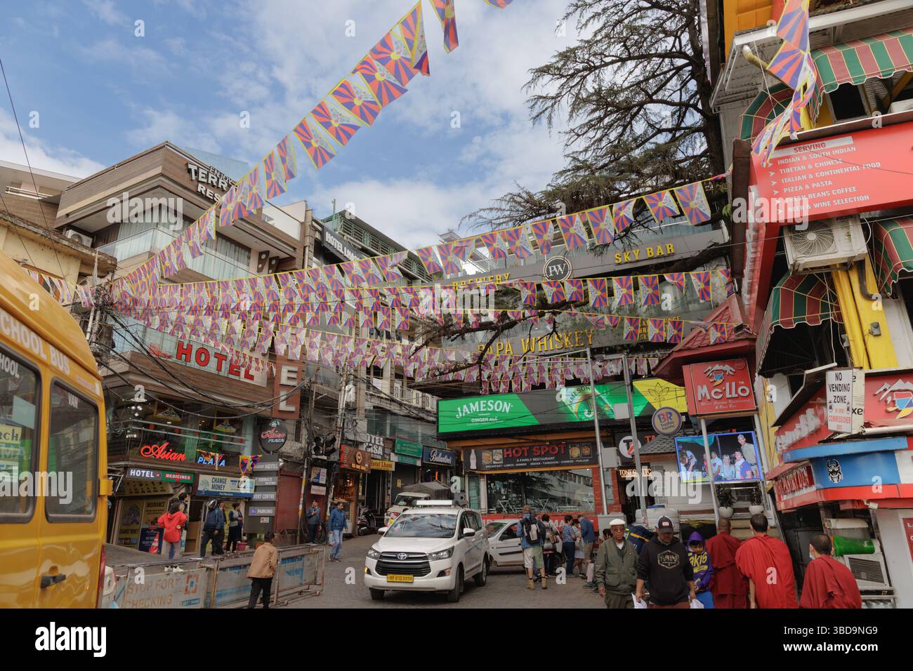 Jogiwara Road, Dharamshala adornata di bandiere che celebrano la giornata nazionale della rivolta tibetana il 10 marzo 2025 Foto Stock