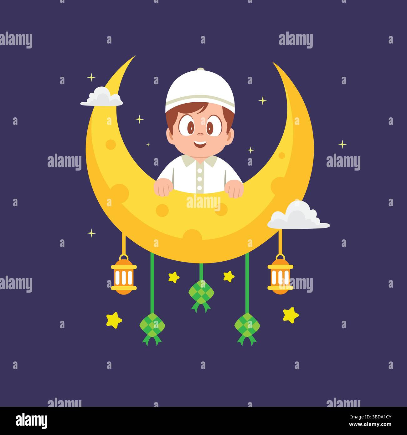 Happy Boy dà il benvenuto a Eid con Crescent Moon Illustrazione Vettoriale