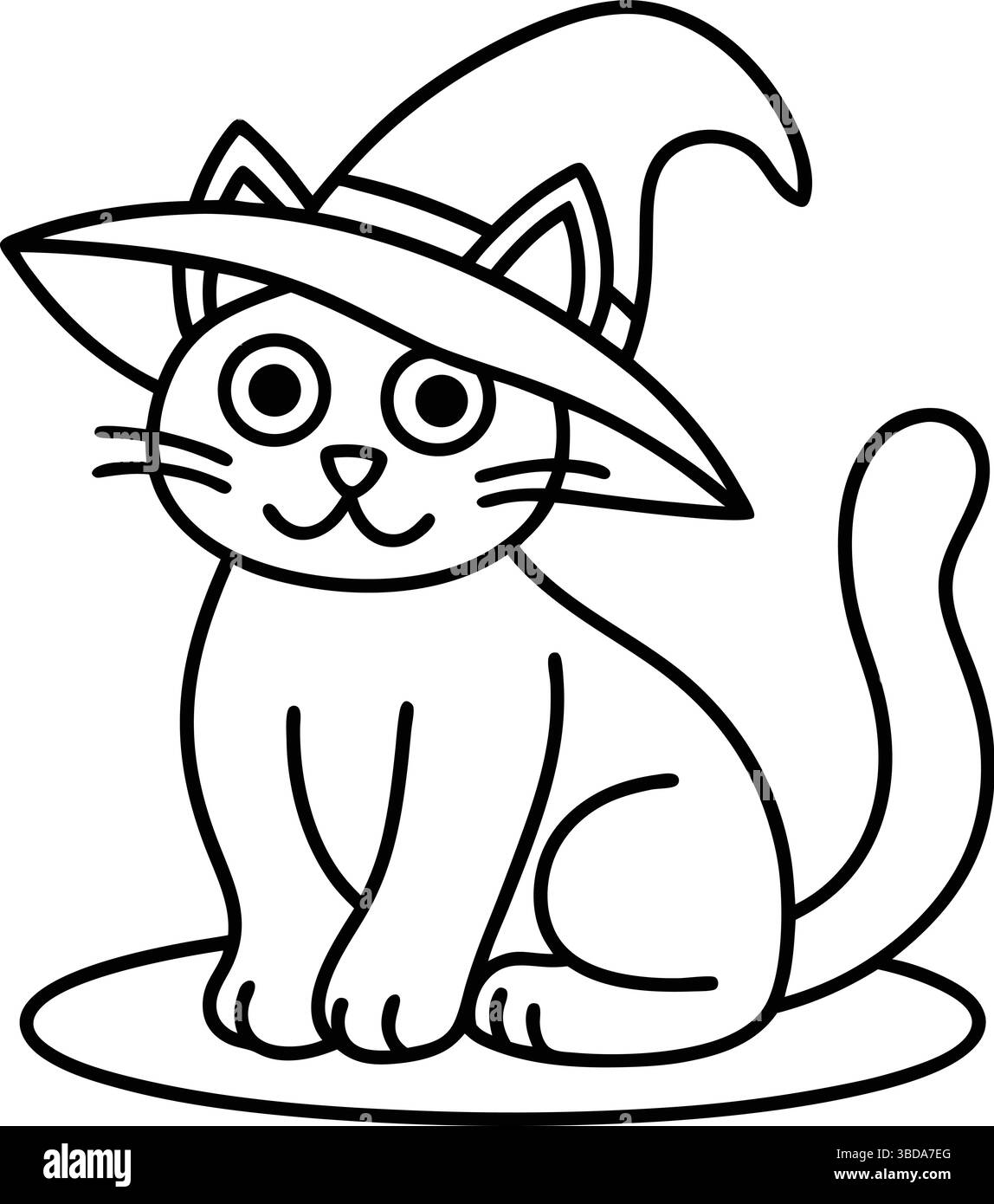 Pagina da colorare, Gatto in un cappello da strega, sfondo, grafica vettoriale, contorno carino, con grafica semplice e audace, bianco e nero, disegno lineare, stile cartone animato, linea Illustrazione Vettoriale