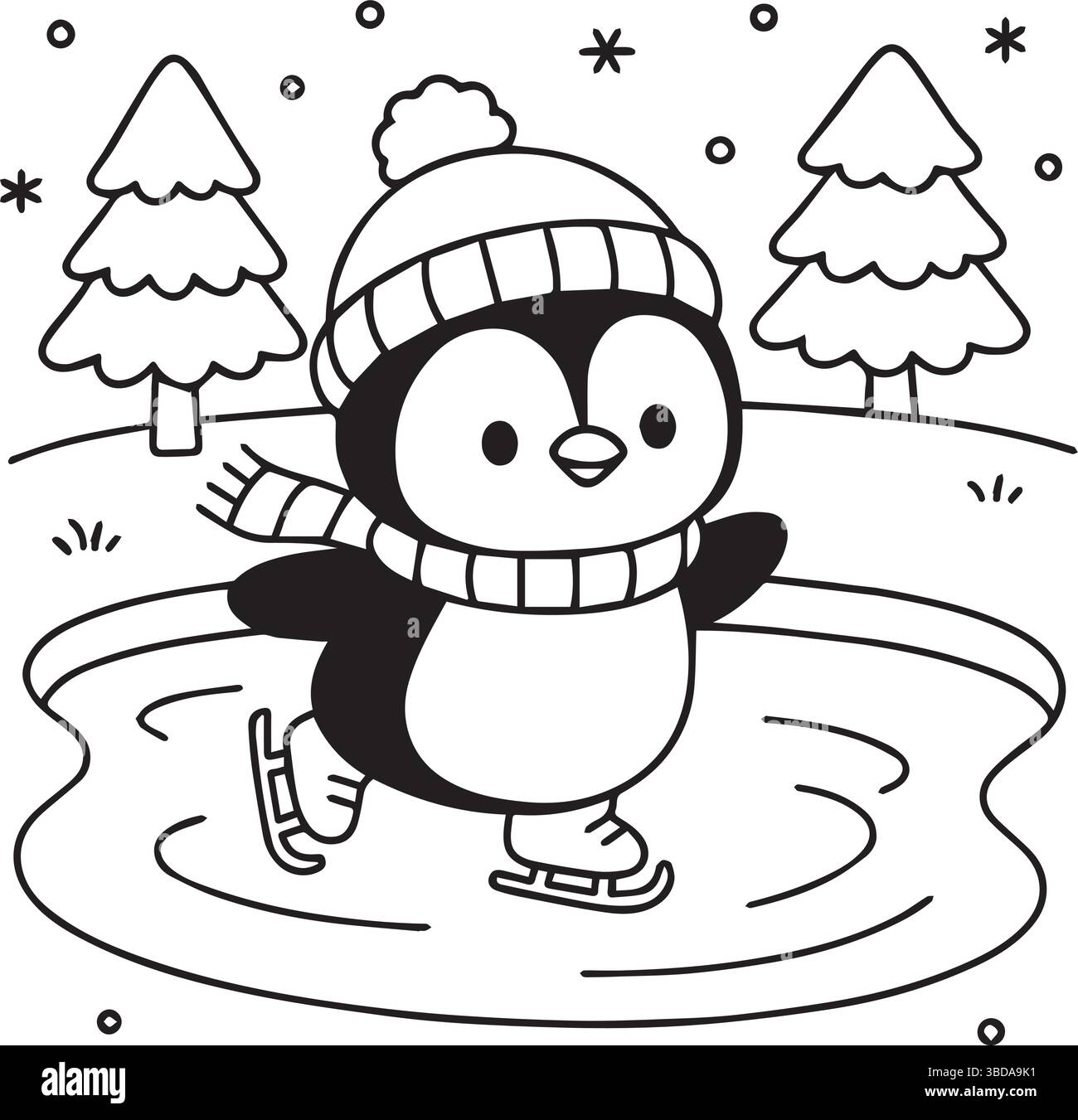 Un disegno bianco e nero di un pinguino che pattina su uno stagno Illustrazione Vettoriale