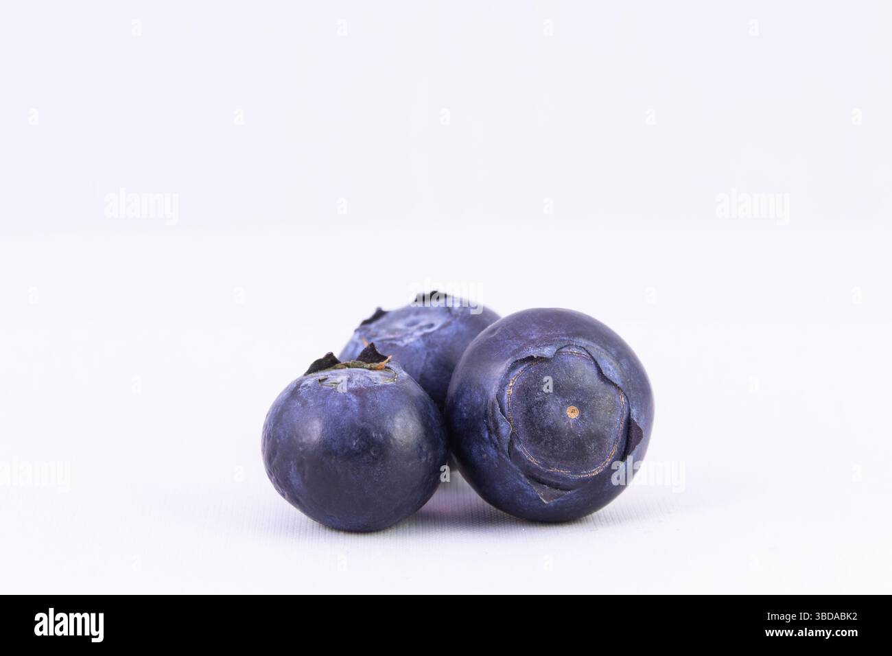 Primo piano di mirtilli freschi su sfondo bianco, consistenza della frutta Foto Stock