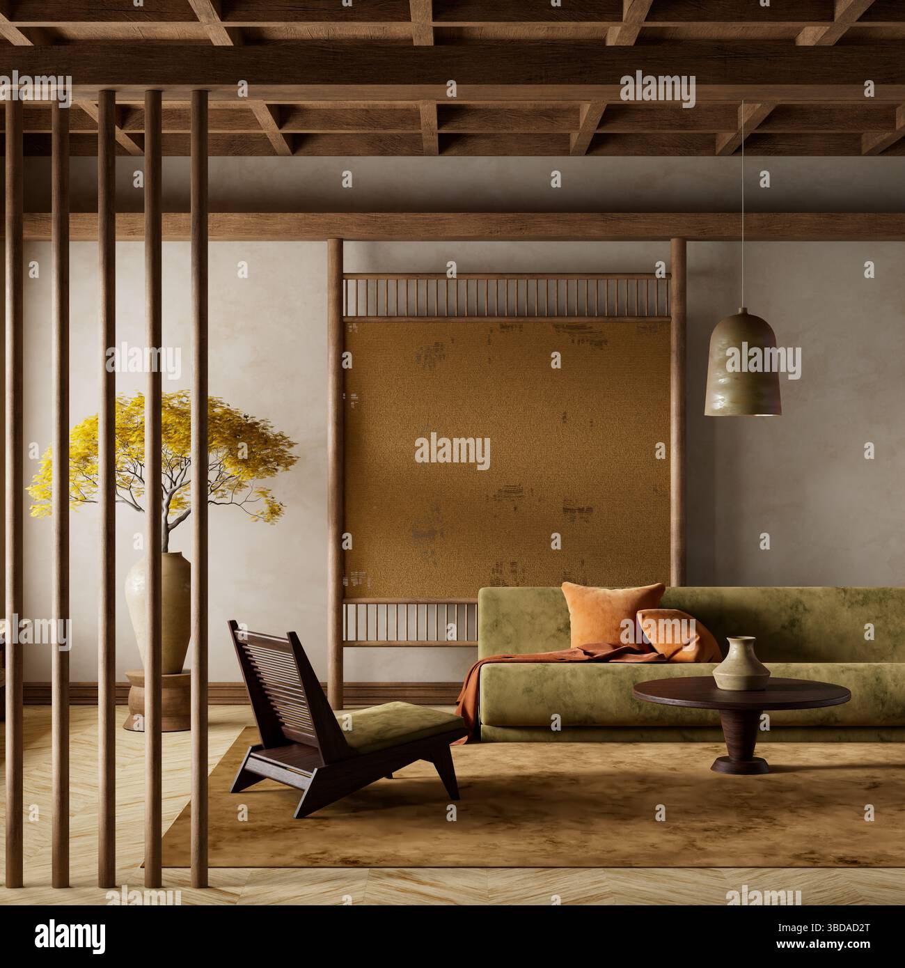 Camera moderna con tonalità terrose, posti a sedere bassi e vasi in ceramica. Un albero in vaso e decorazioni di ispirazione giapponese creano un'atmosfera tranquilla, elegante e minimalista Foto Stock