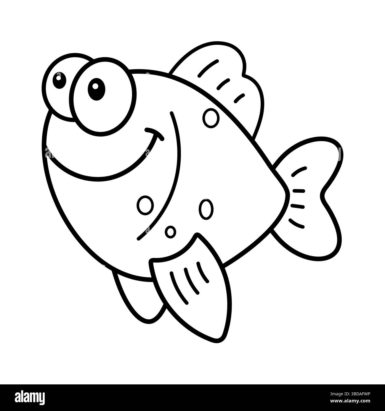 Contorno pesce cartoni animati felice. L'immagine raffigura un pesce a cartoni animati disegnato in uno stile vettoriale semplice e giocoso. Illustrazione Vettoriale