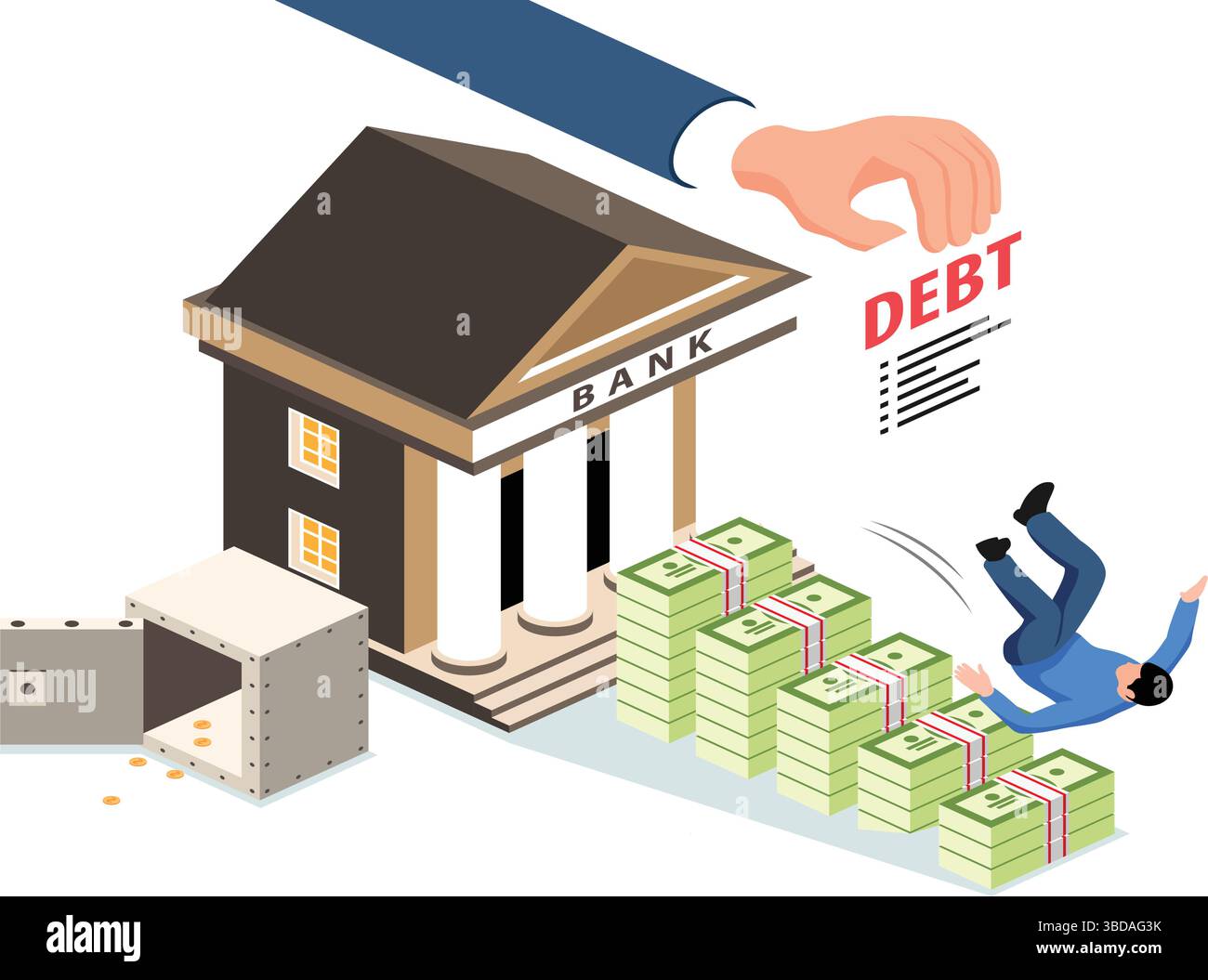 Concetto di debito e crisi finanziaria – uomo che cade nella trappola del debito con Banca e Money Stack Illustrazione Vettoriale