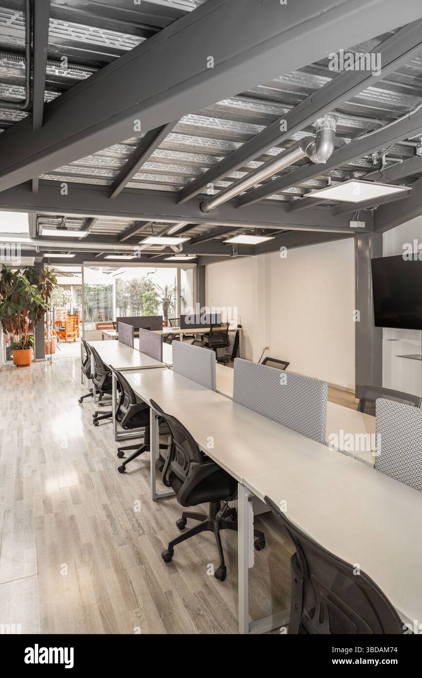 Un ambiente d'ufficio organizzato con più cubicoli occupati da dipendenti concentrati, a dimostrazione di una posizione professionale produttiva e collaborativa Foto Stock