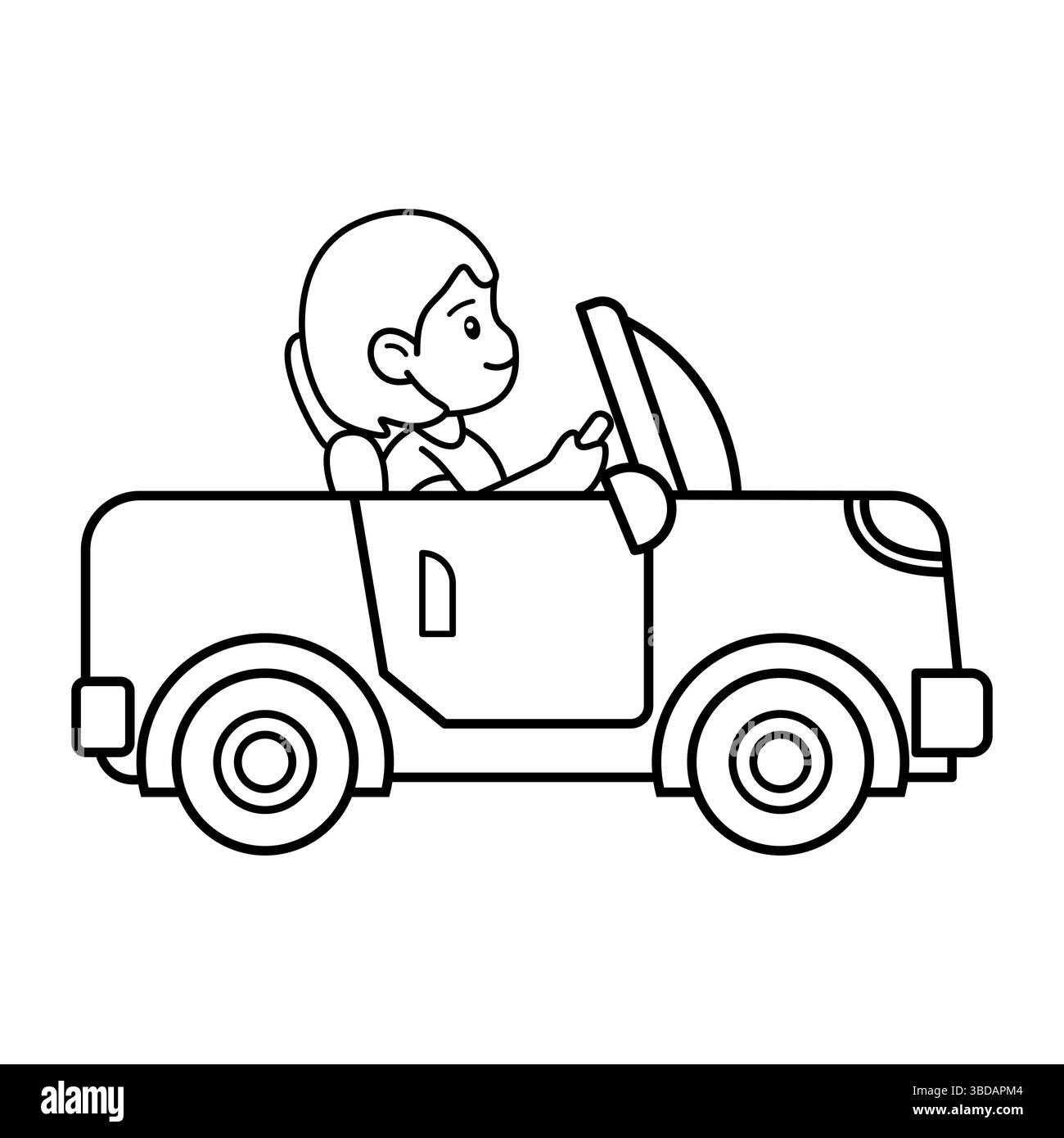Cartoon Car con profilo conducente. Questa illustrazione vettoriale in bianco e nero mostra un personaggio dei cartoni animati alla guida di un'auto convertibile. Illustrazione Vettoriale
