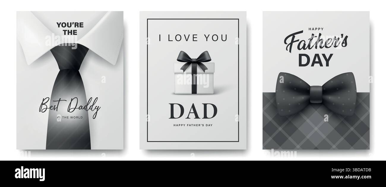 Set di carte Vector Fathers Day con camicia e cravatta, confezione regalo con fiocco, sfondo a quadri. Happy Daddy Typography, Black and White Greeting Design for Dad Illustrazione Vettoriale