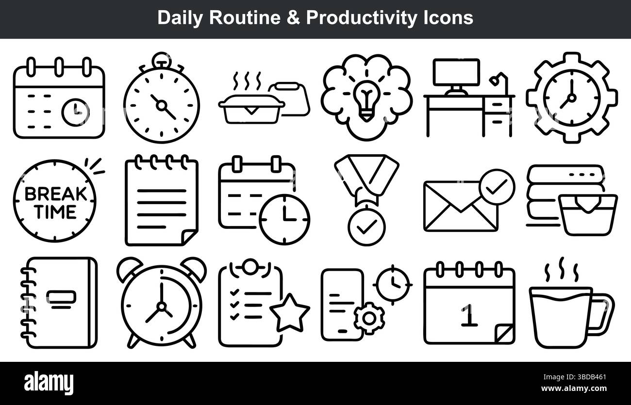 Icone di produttività quotidiana pianifica la gestione del tempo del pianificatore Illustrazione Vettoriale