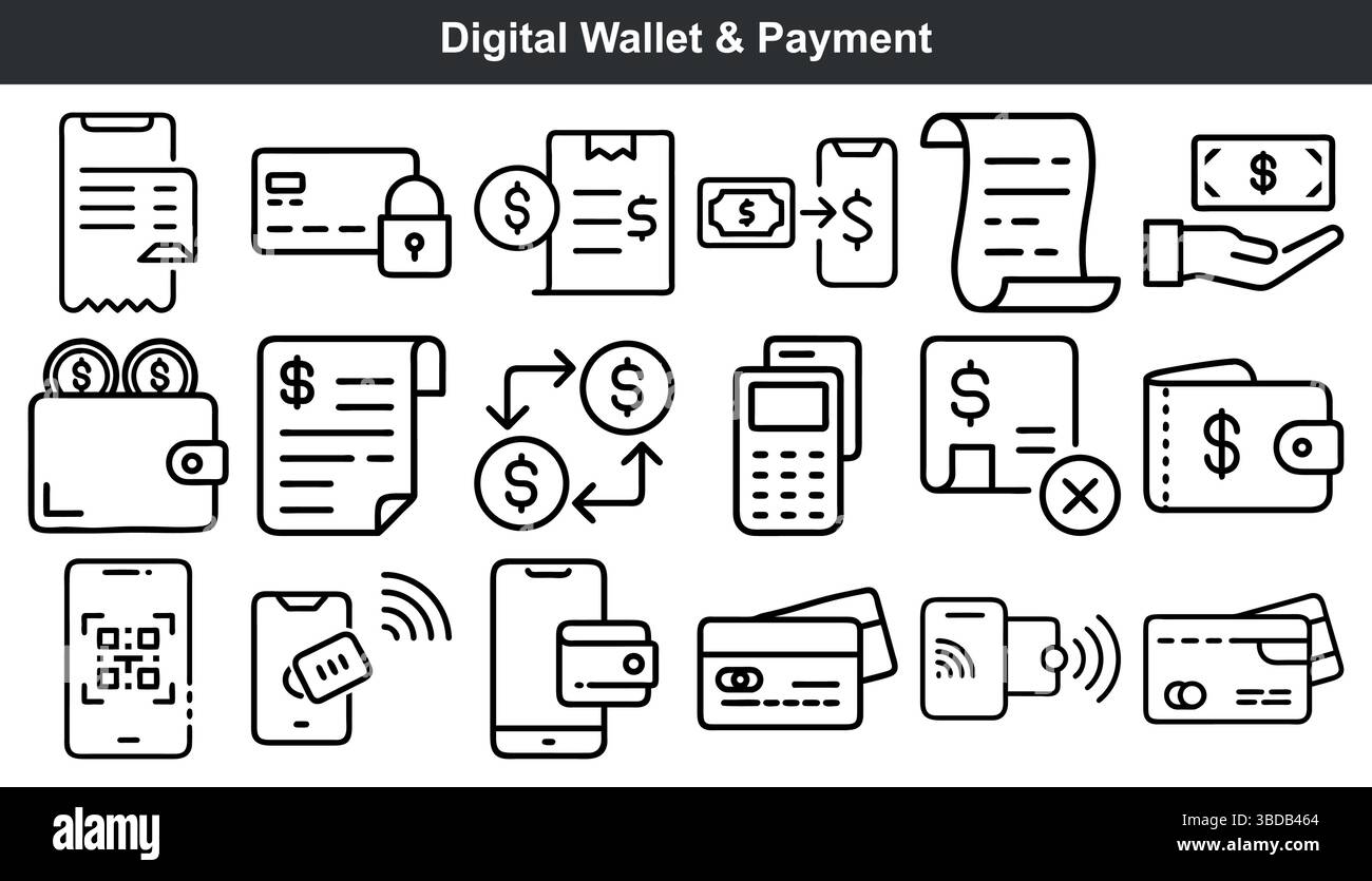 Icone di pagamento del portafoglio digitale, finanza mobile banking Illustrazione Vettoriale