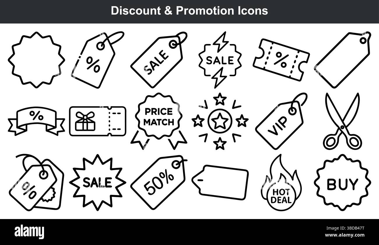 Icone di promozione sconti etichette etichette buoni Illustrazione Vettoriale