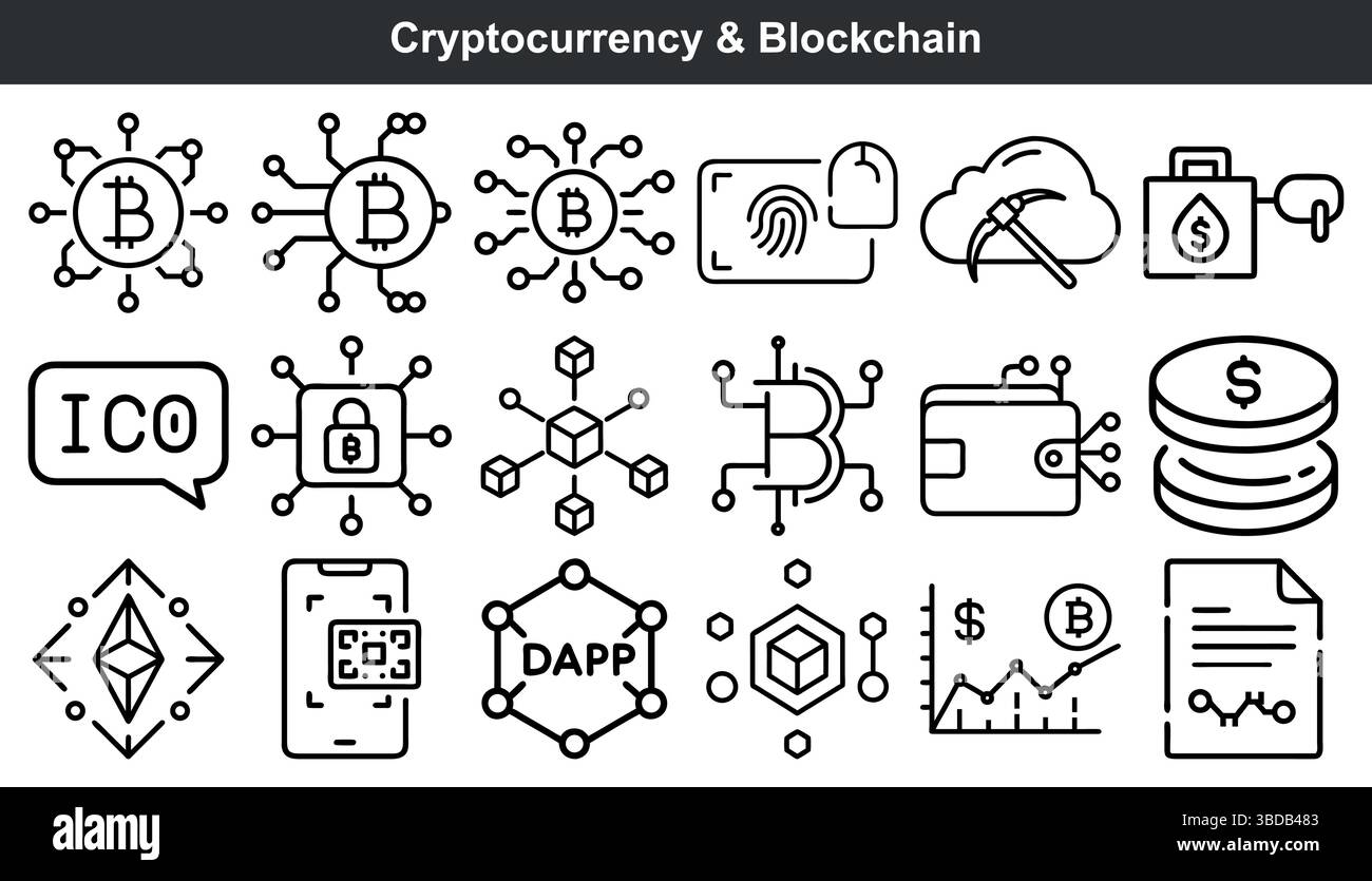 Icone blockchain di criptovalute bitcoin ethereum dapp mining Illustrazione Vettoriale