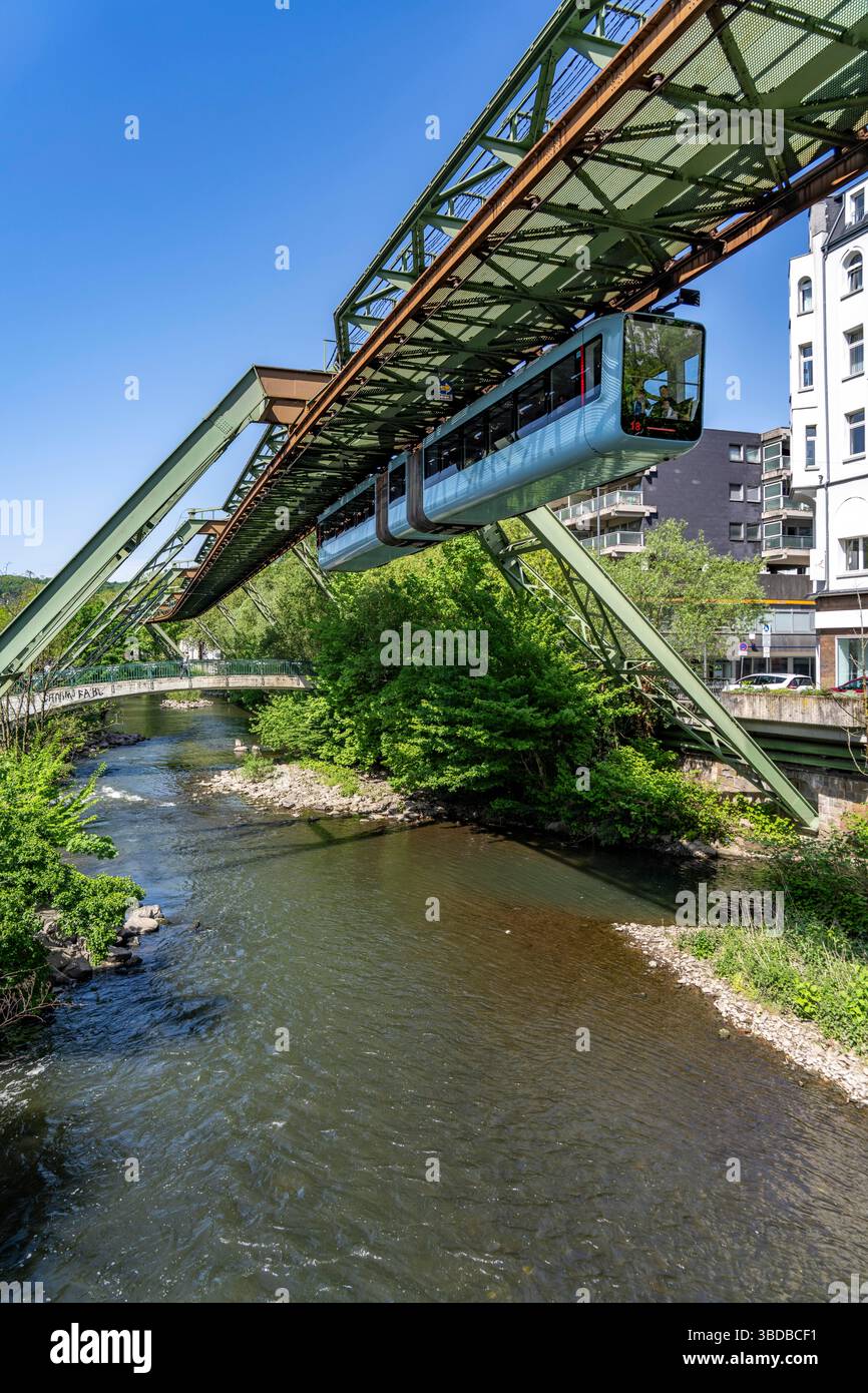La Wuppertal Suspension Railway, un treno dell'ultima generazione 15, galleggia sopra il fiume Wupper, Renania settentrionale-Vestfalia, Germania Foto Stock