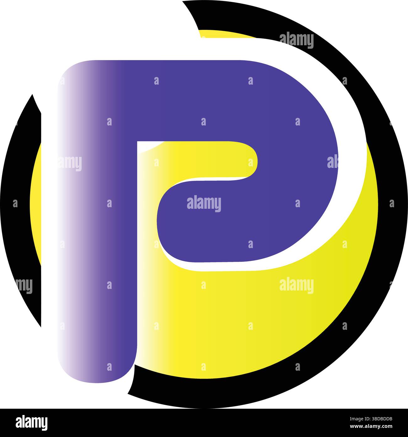 Elegante lettera vettoriale P, cerchio viola e giallo, moderna illustrazione artistica con logo sfumato Illustrazione Vettoriale