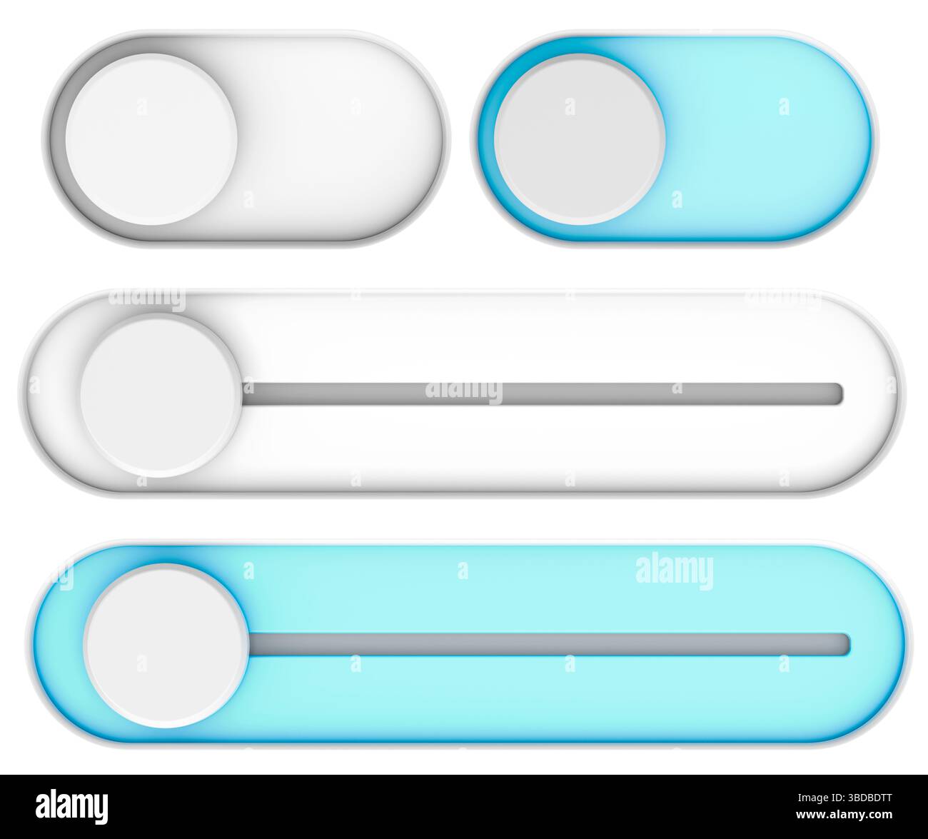 Interruttori a levetta e cursori UI. On, off mockup elementi interfaccia, rendering 3D isolato su sfondo bianco Foto Stock