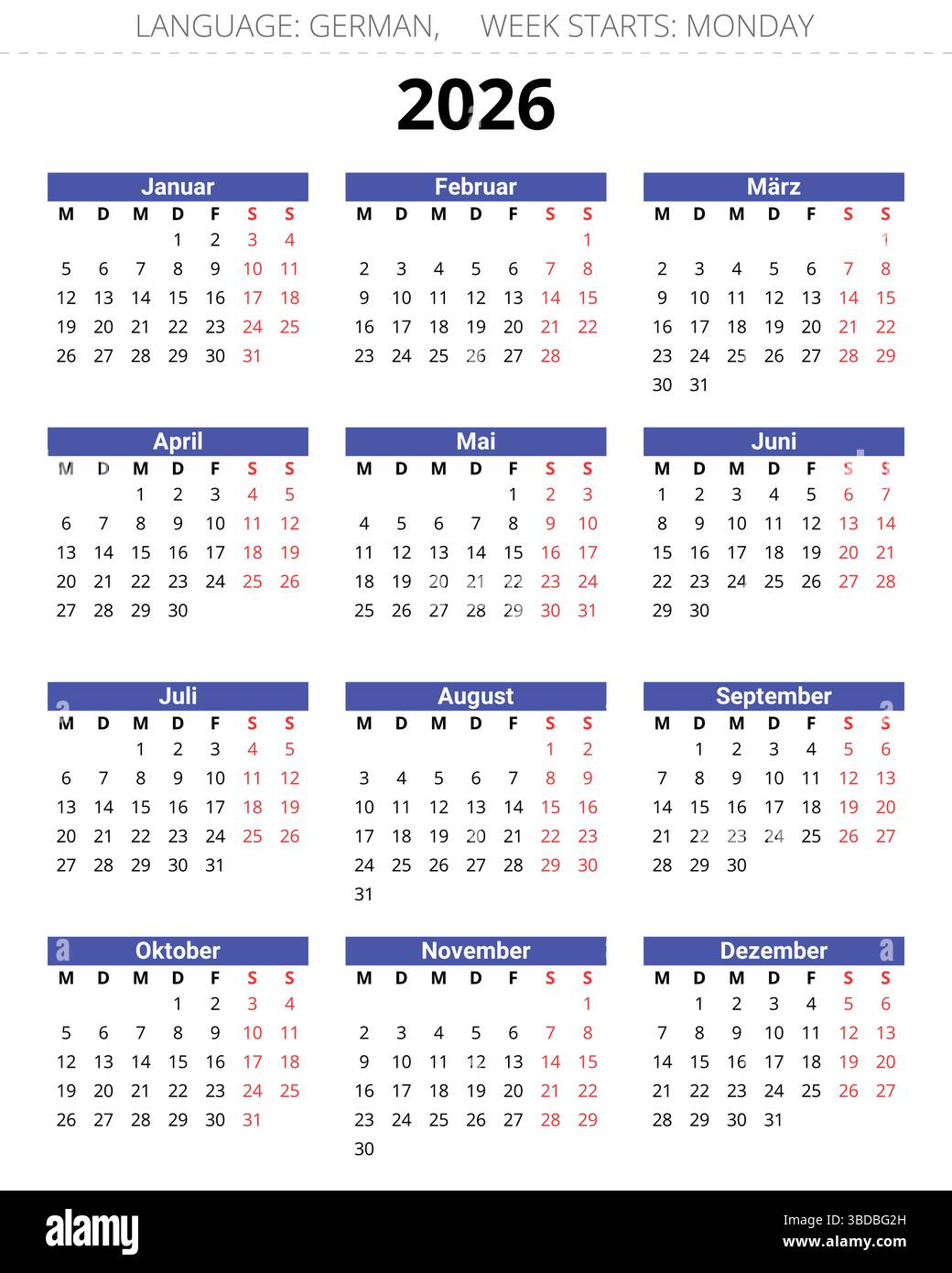 2026 anni di calendario TEDESCO. Illustrazione vettoriale per la Germania Illustrazione Vettoriale