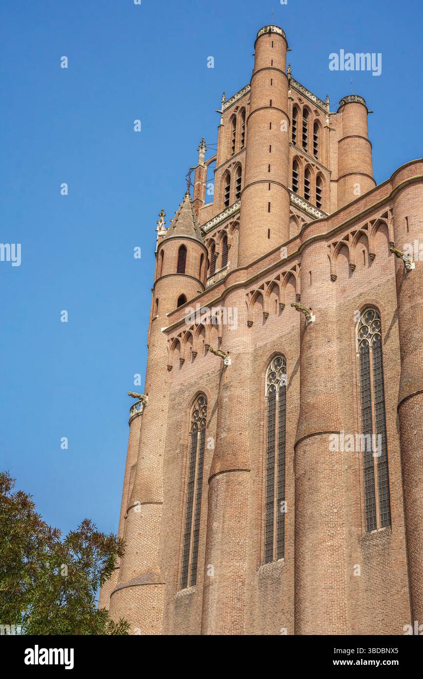 Una maestosa torre in mattoni della Cattedrale di Sainte-Cecile sorge sopra Albi, in Francia, con intricati dettagli gotici e un cielo azzurro cristallino sullo sfondo. Foto Stock