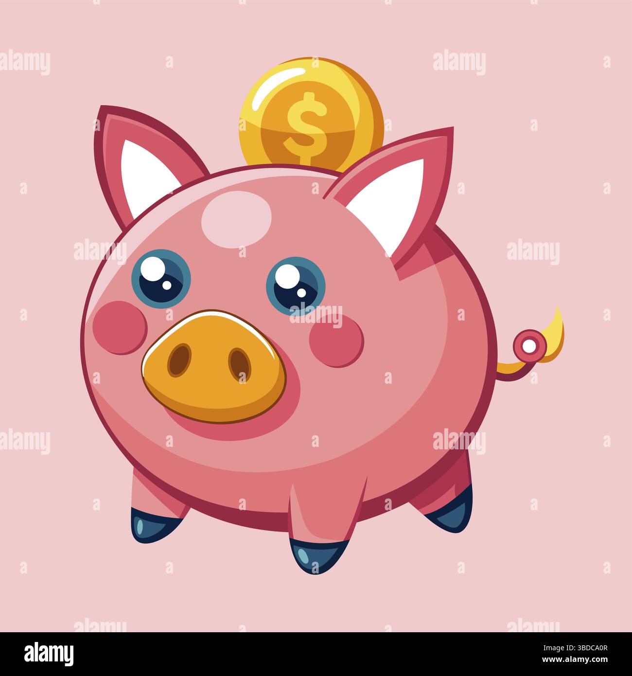 Carino Cartoon Piggy Bank con Gold Coin per risparmiare Illustrazione Vettoriale